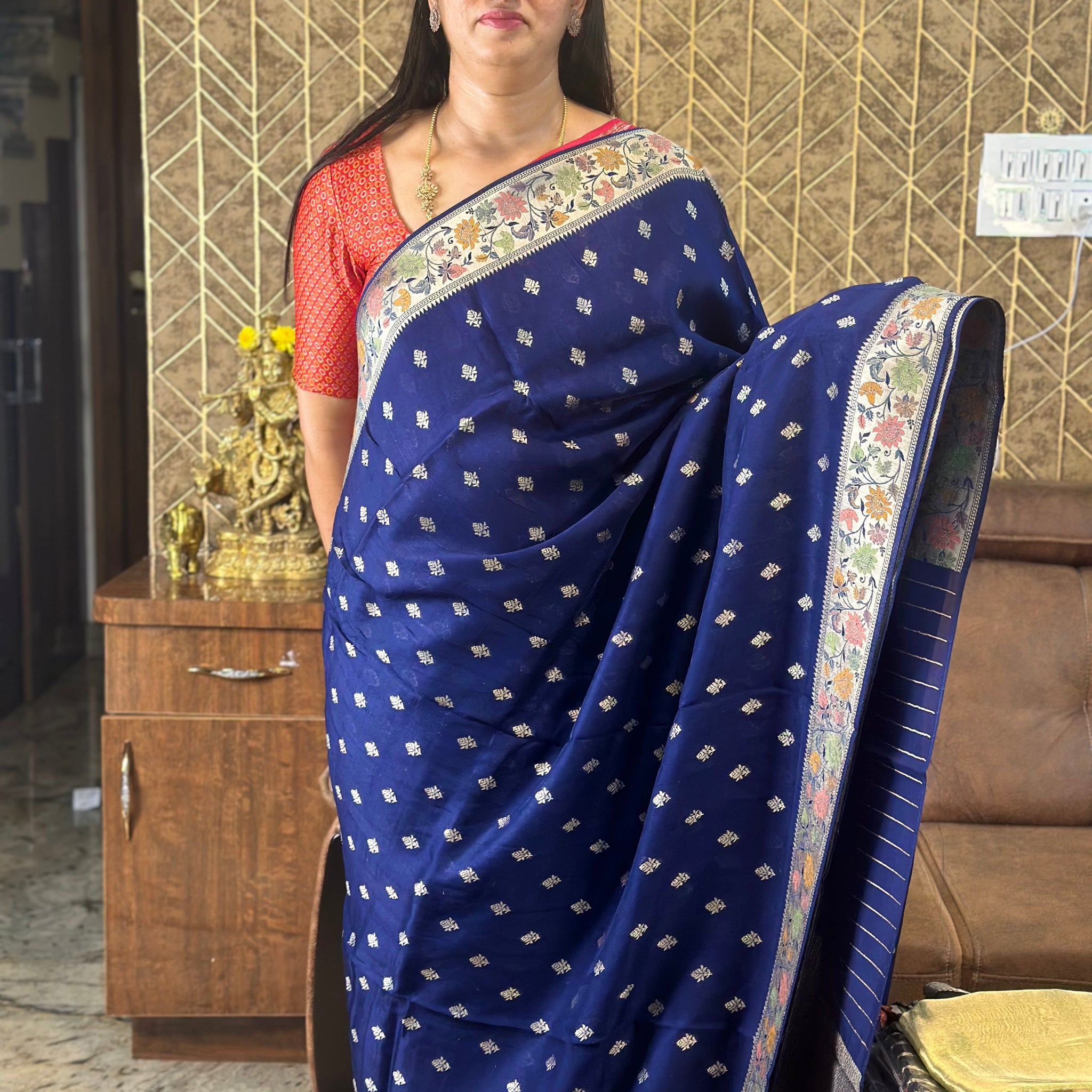 Navy blue pure tusser Paithani border.