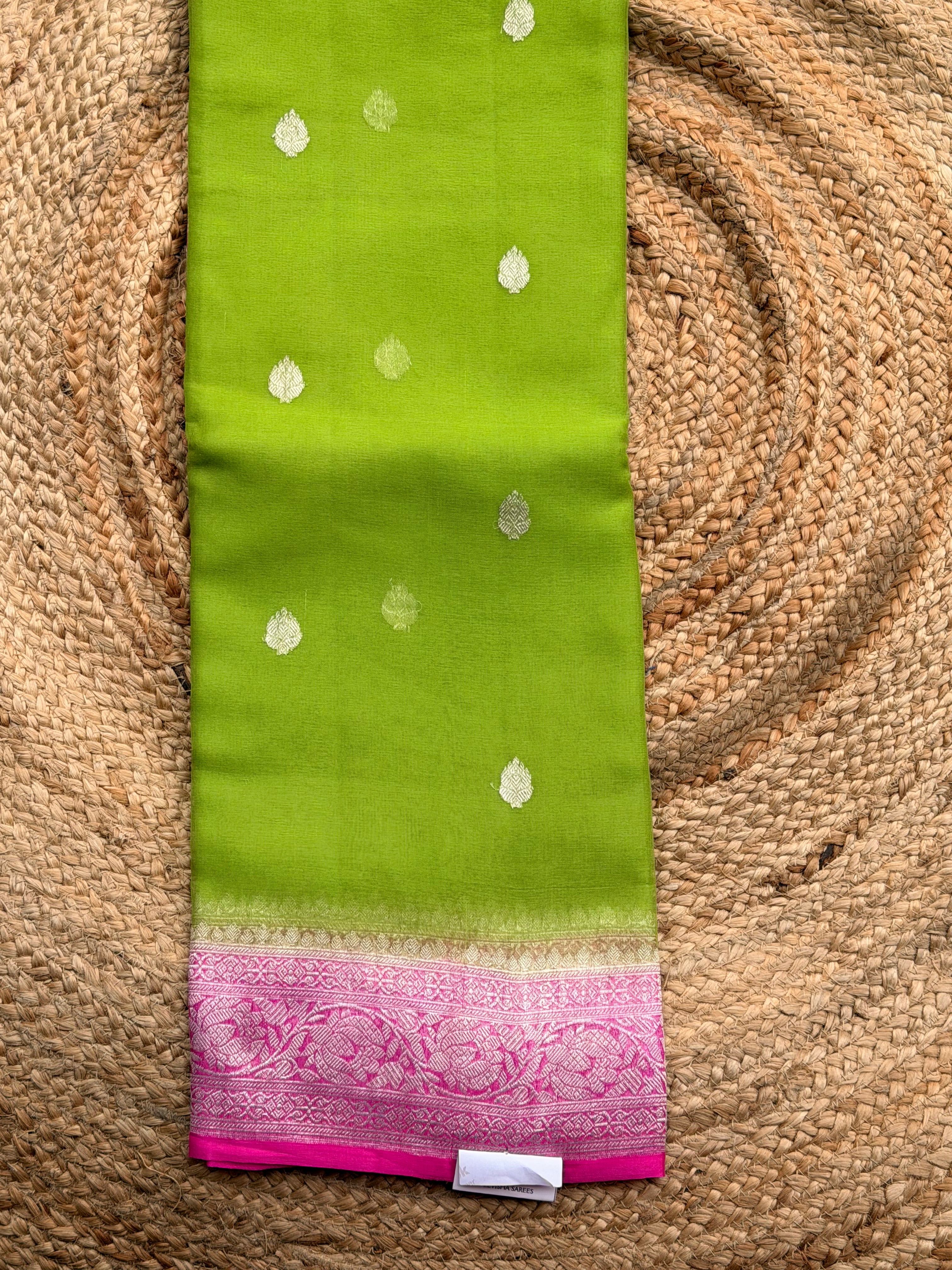 Parrot green with pink border Banarasi pure khadi chiffon saree sliver zari woven