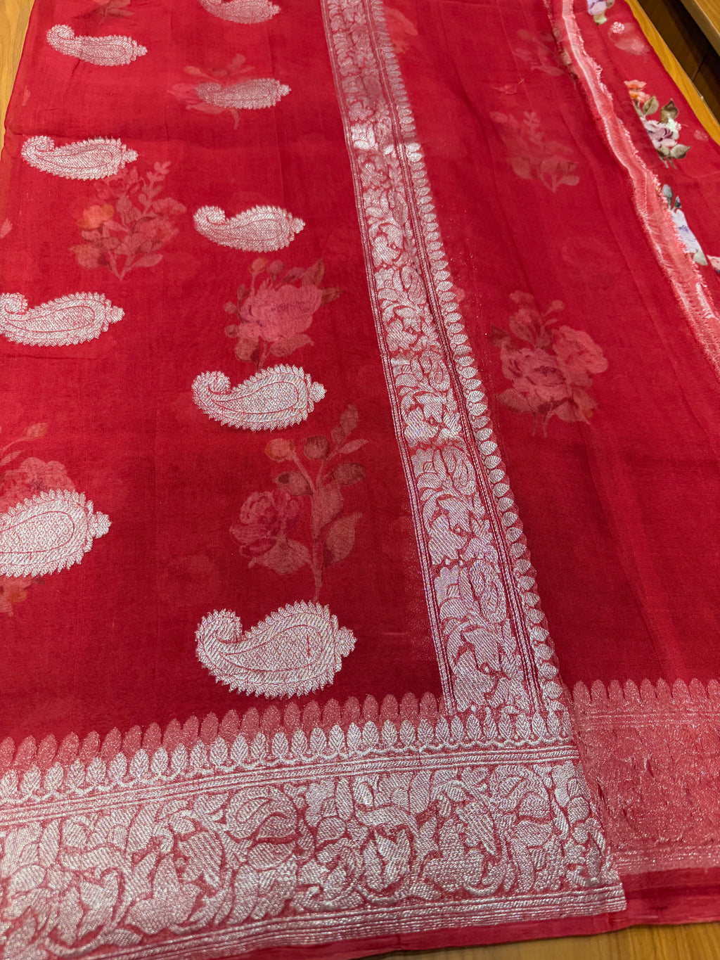 Red digital print Banarasi pure tissue chiffon saree sliver zari saree