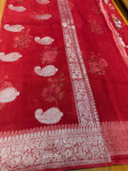 Red digital print Banarasi pure tissue chiffon saree sliver zari saree