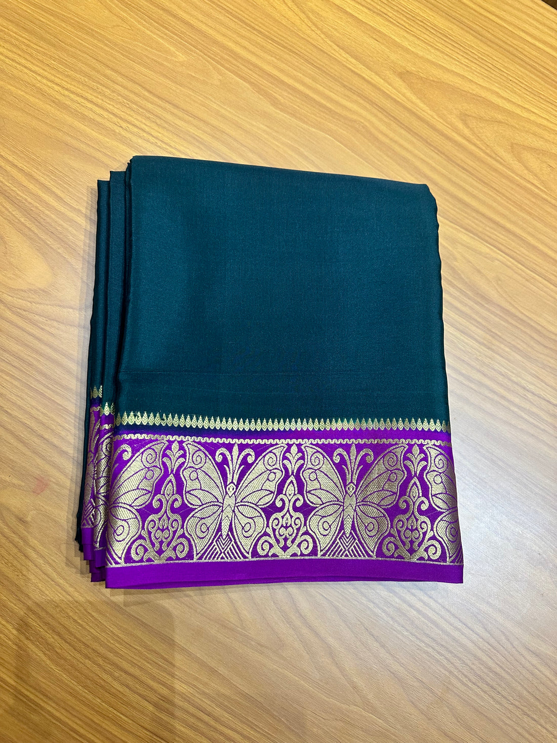 Dark green with purple pure crepe Mysore Silk sarees butterfly border 120 gsm