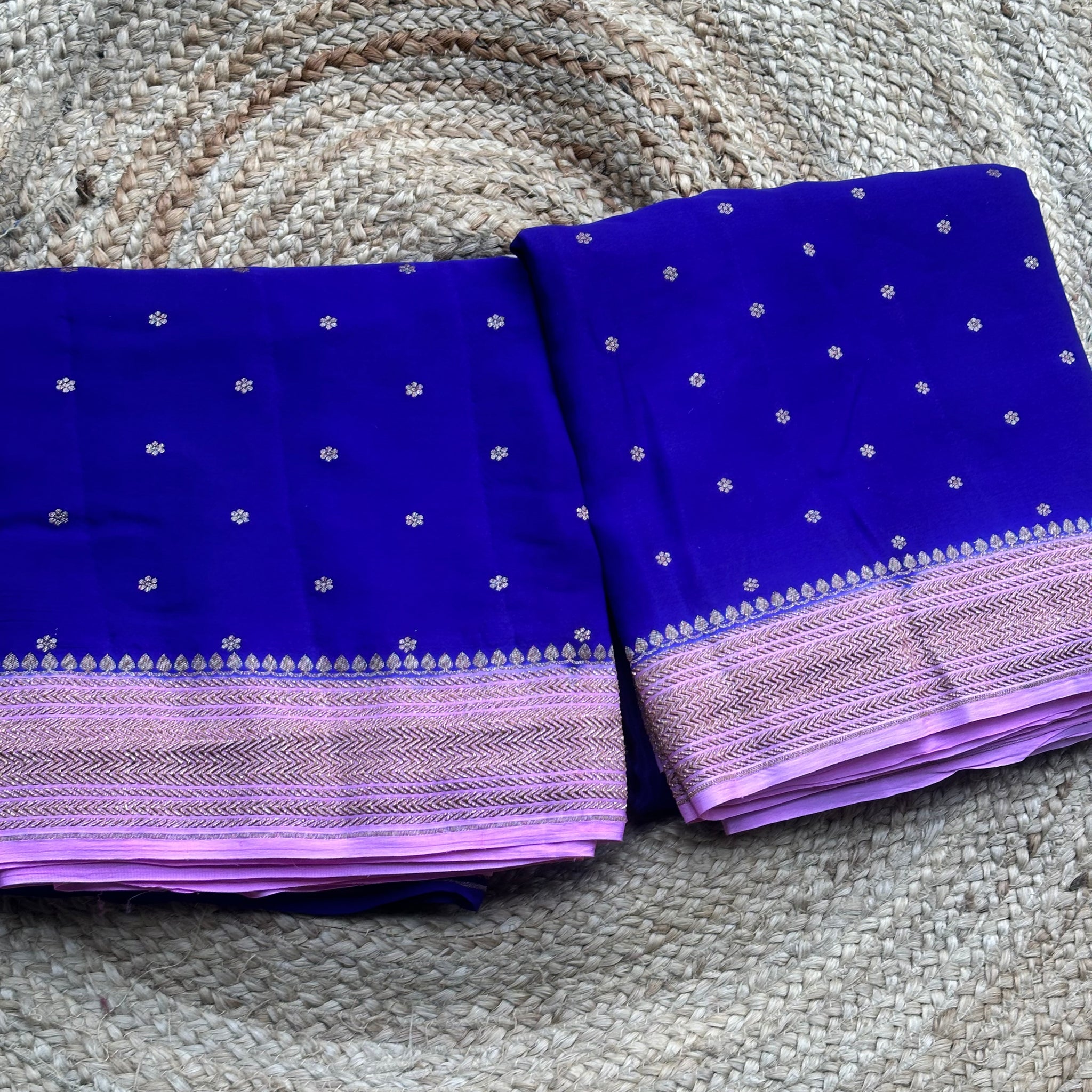 Dark blue with baby pink pure crepe Banaras sarees