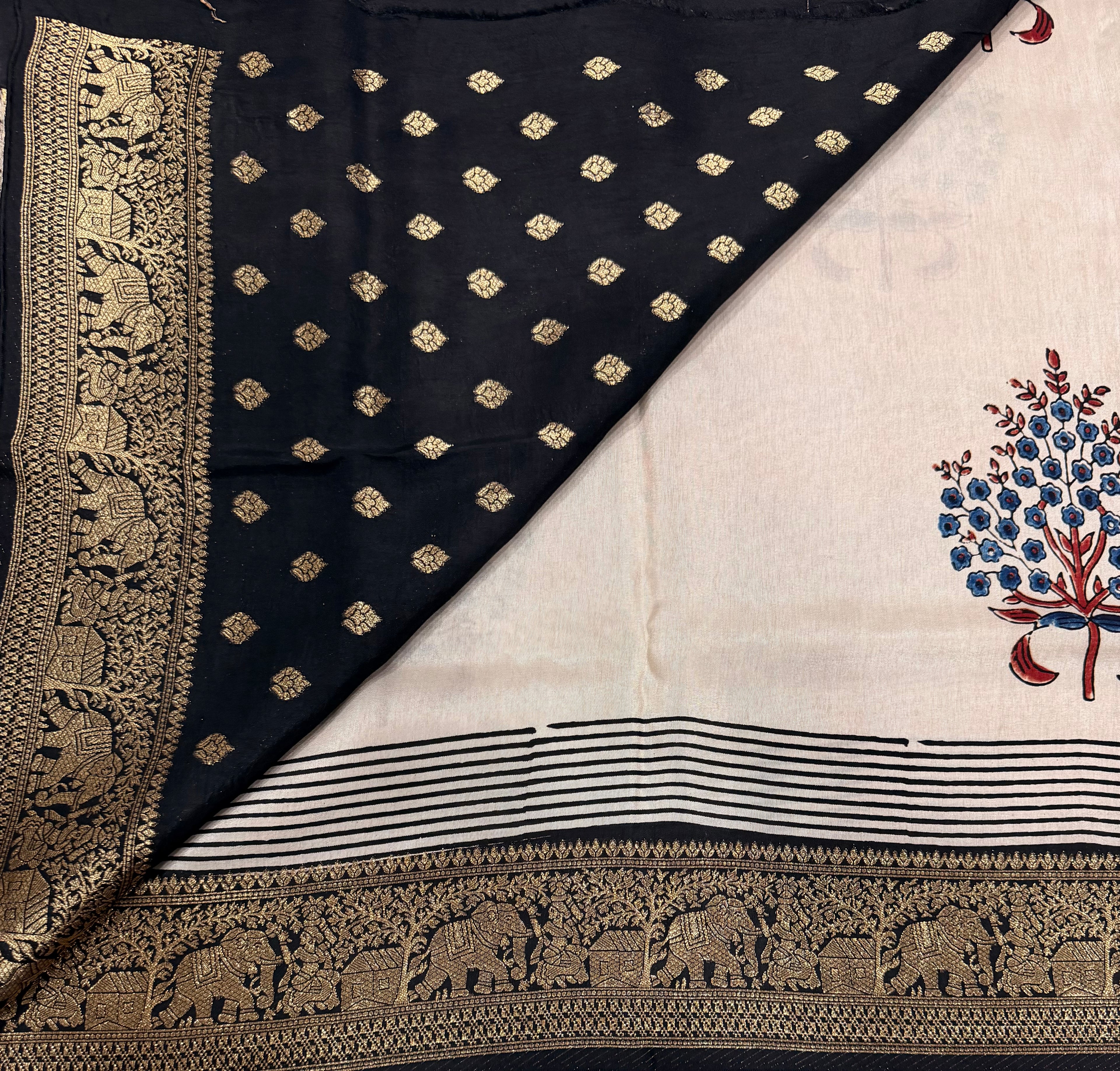 Half white and black pure Ajrak dola sarees