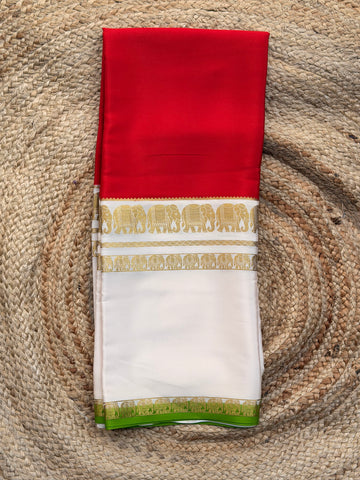 Mysuru Silk Crepe - Elephant 3D Border (120gsm) Red and white with green border