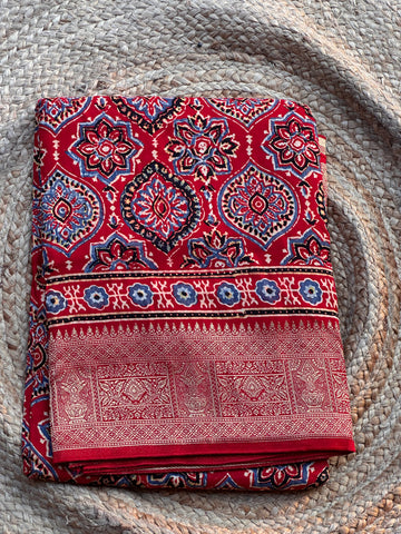 Hot red pure Ajrak dola silk sarees