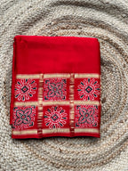 Hot red pure modal Ajrak silk sarees with lotus Ajrak blouse