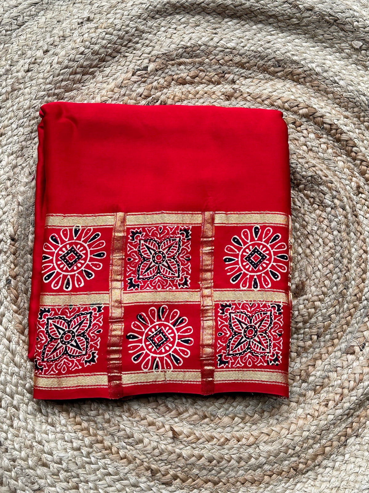 Hot red pure modal Ajrak silk sarees with lotus Ajrak blouse