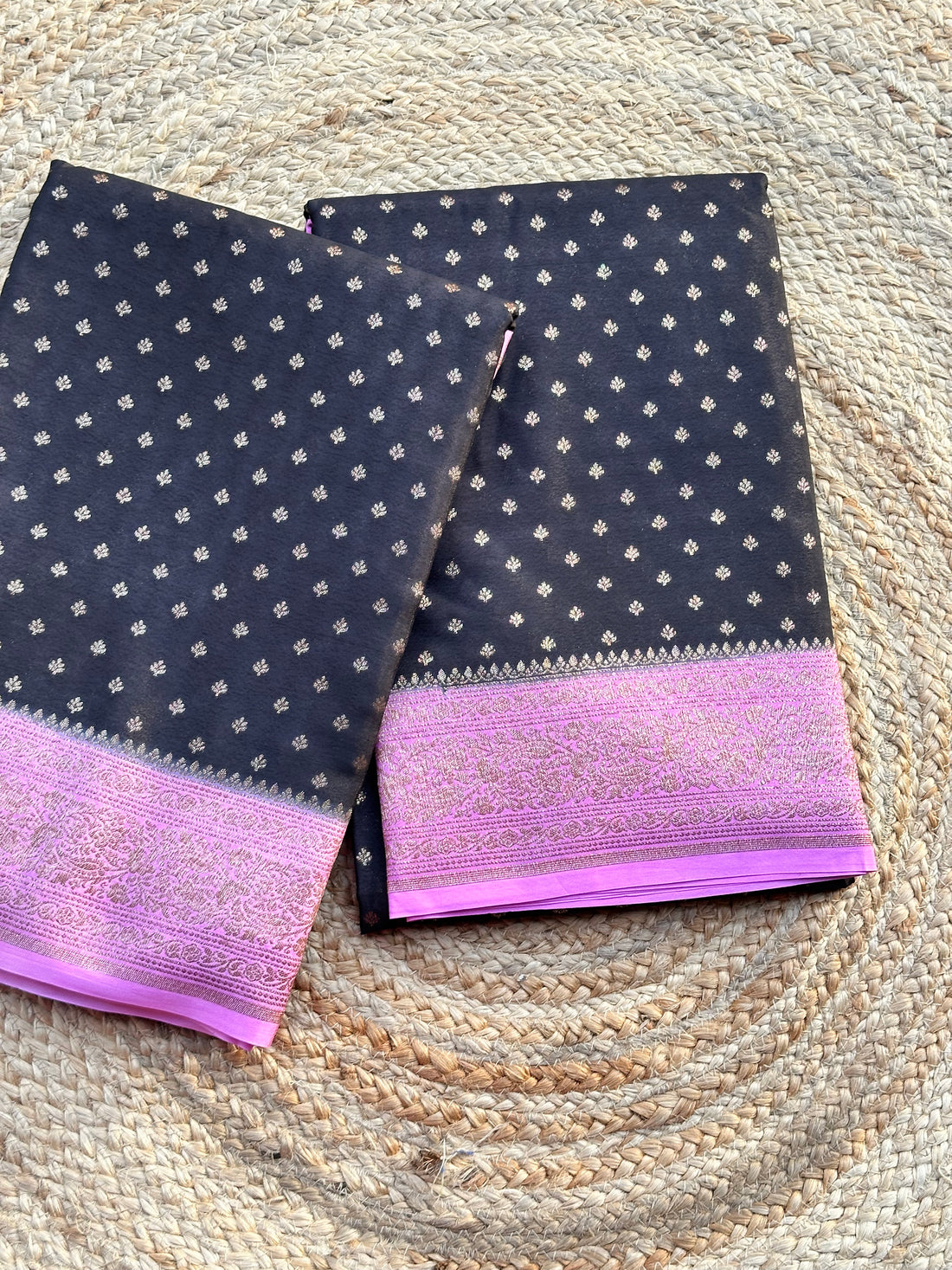 Black and lotus pink Banarasi crepe chiffon sarees
