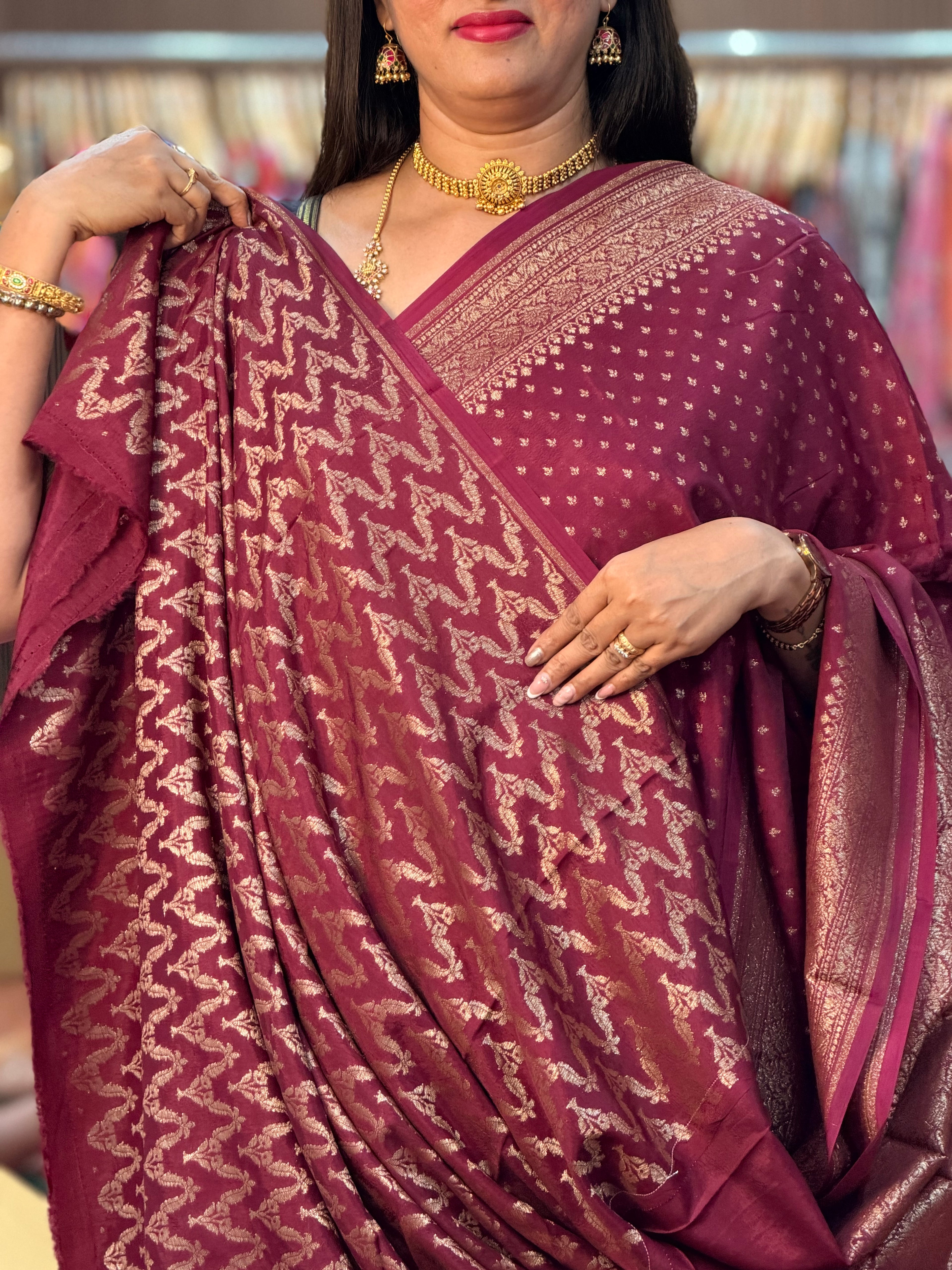Deep maroon with chiffon crepe along with brocade blouse