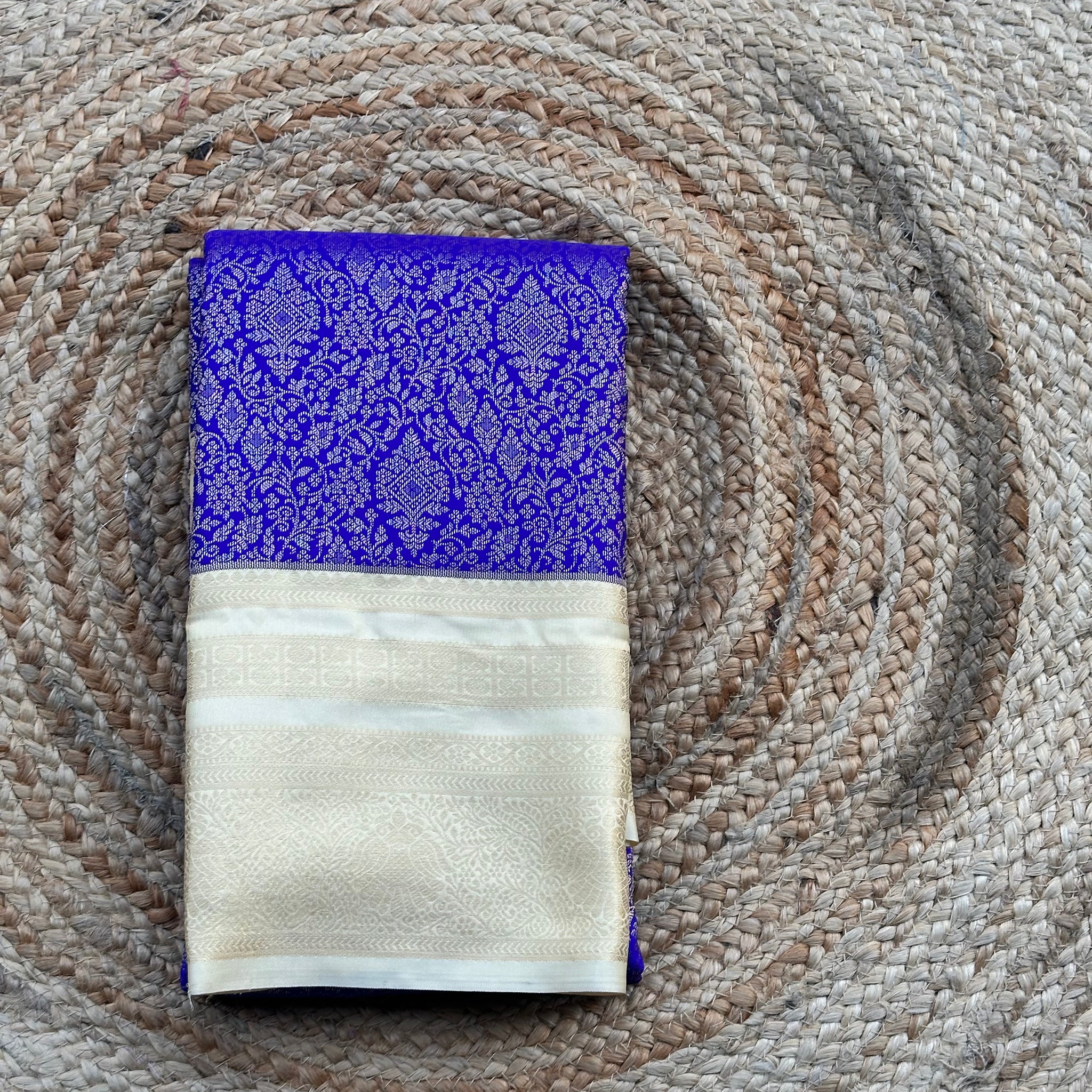 Royal blue and cream semi kanchi sarees