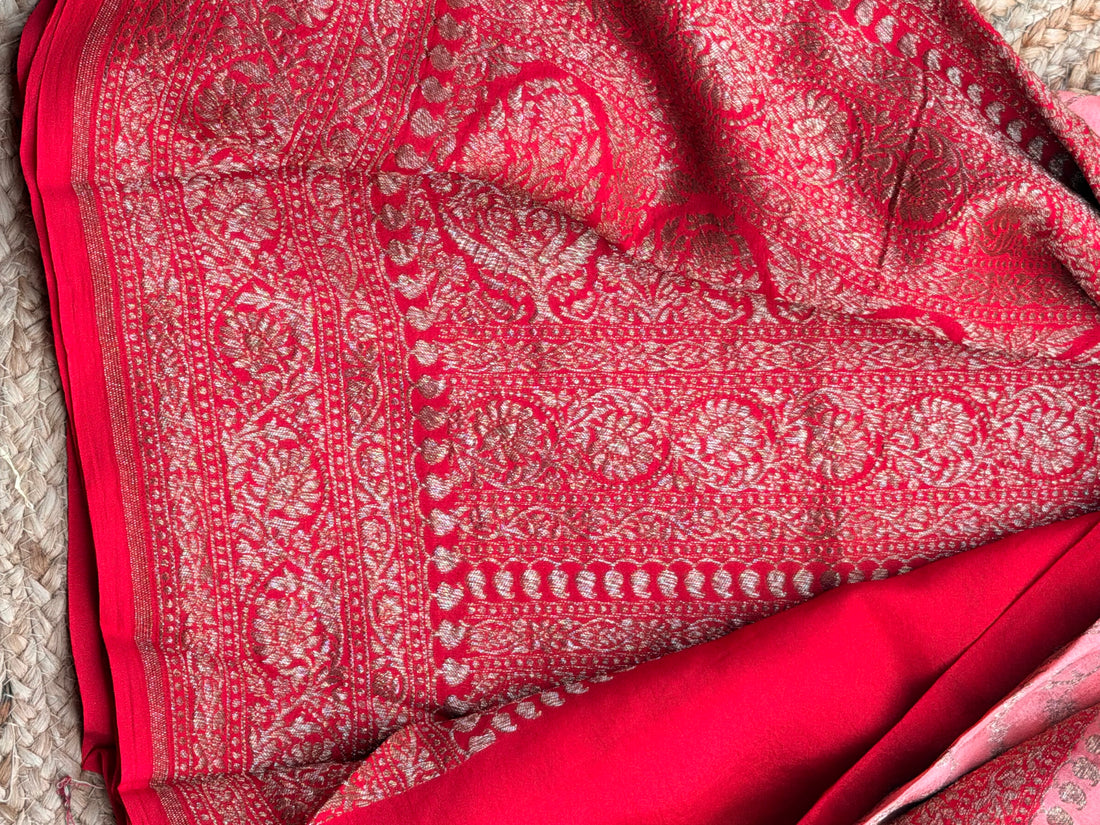 Orange and pink Banarasi Crepe Chiffon in Jaal Pattern