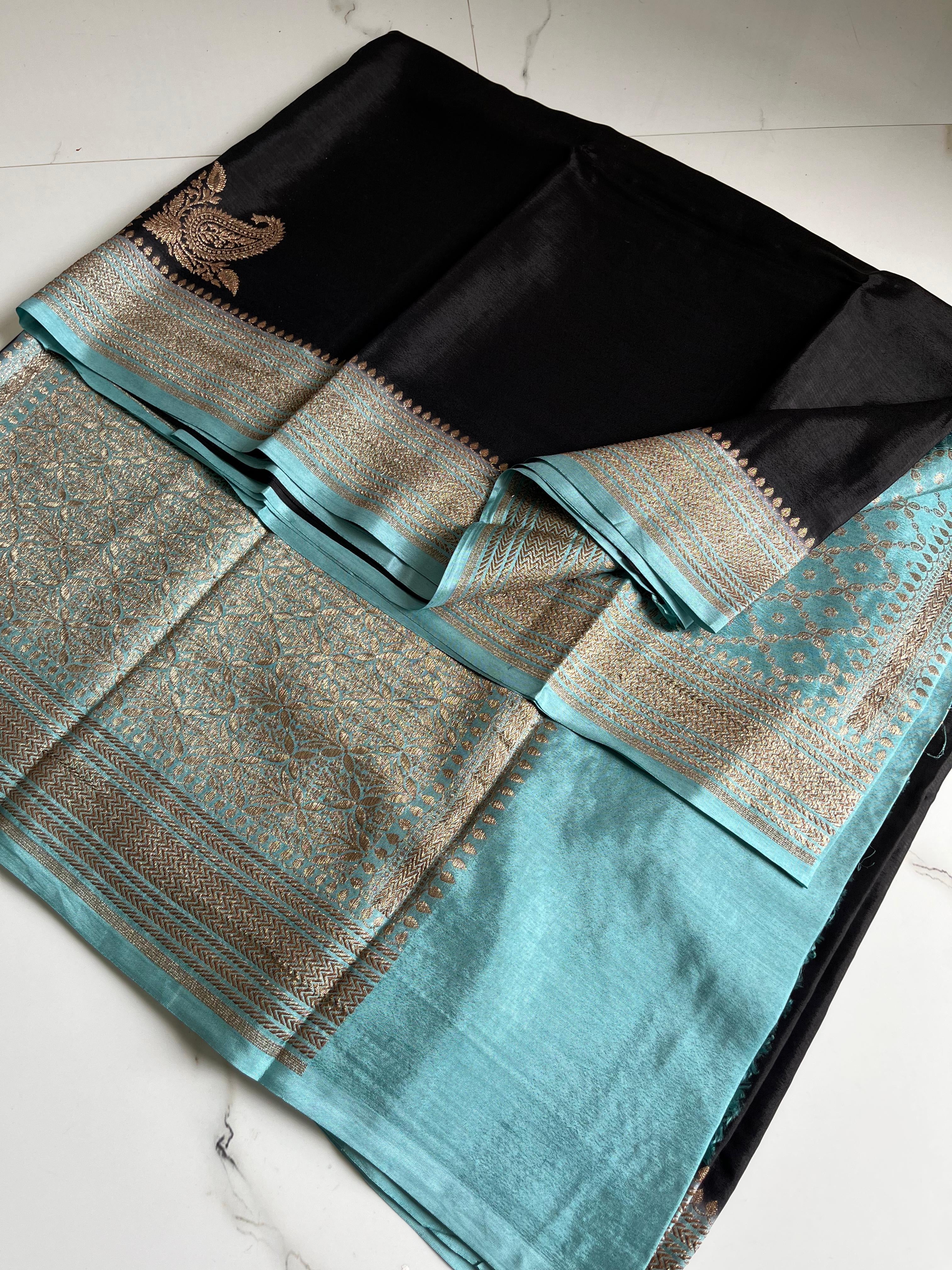 Black and sky blue crepe chiffons Banaras