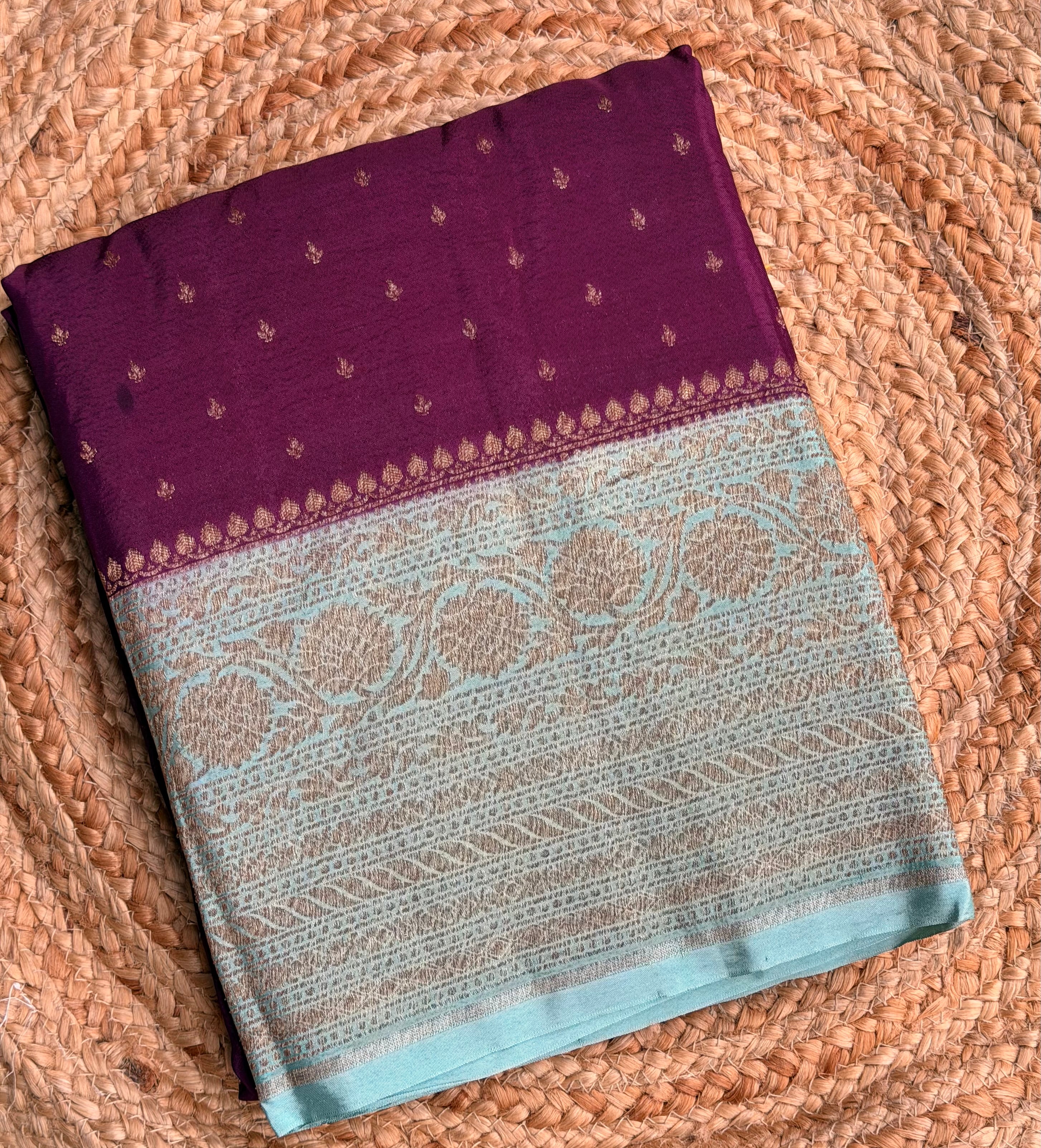 Wine n sea green small butta benarasi crepe saree