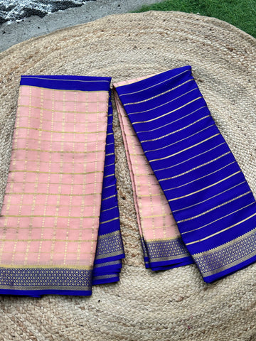 Royal blue and peach pure crepe Mysore Silk sarees 130 gsm
