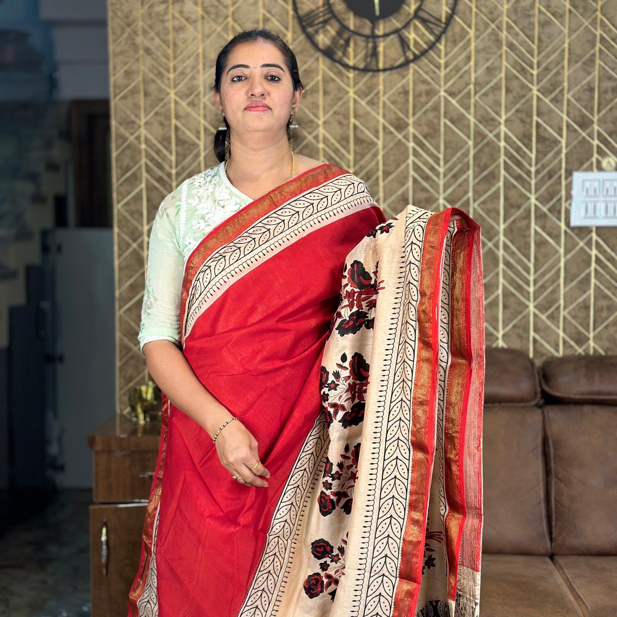 Red and Beige Maheshwari silk.