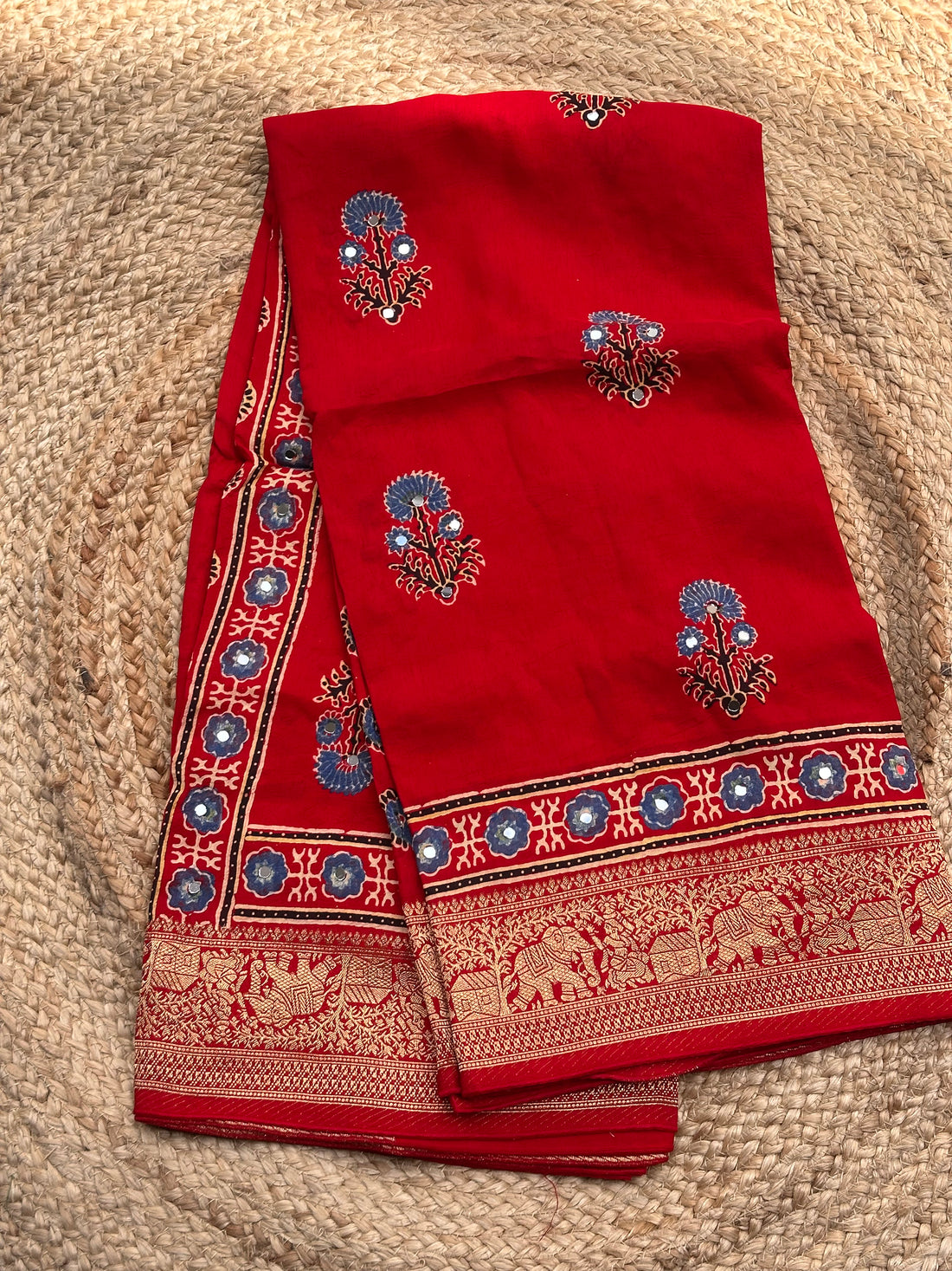 Hot red pure Ajrak dola silk with premium zari mirror work