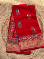 Hot red pure Ajrak dola silk with premium zari mirror work
