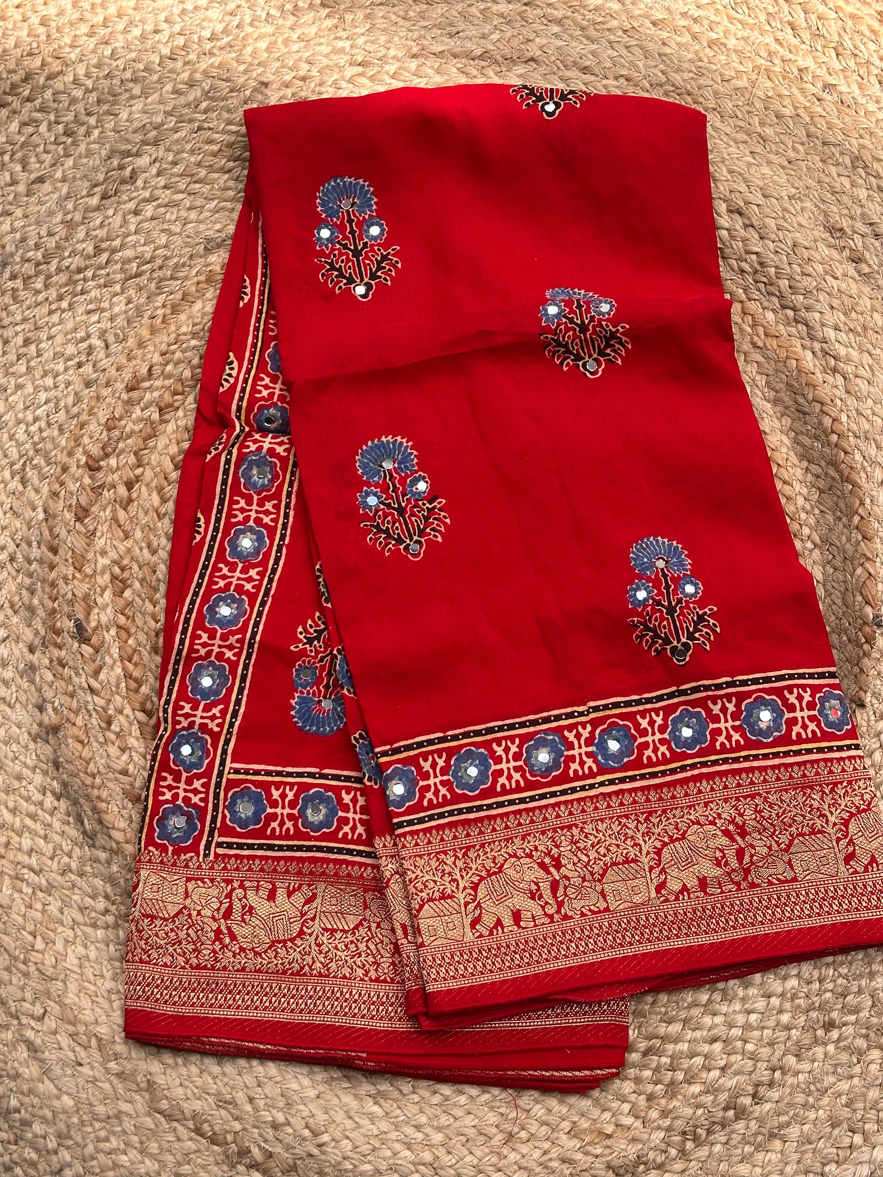 Hot red pure Ajrak dola silk with premium zari mirror work
