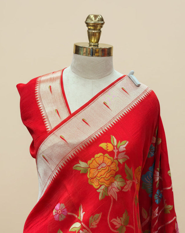Red Meena work Tussar saree paithani border saree