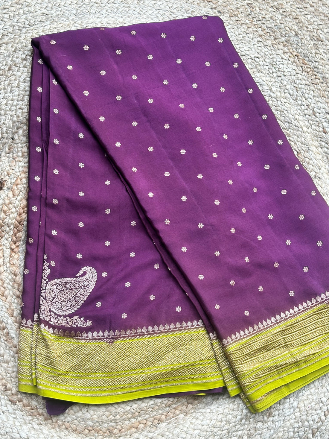 Maroon with neon green pure crepe Banaras