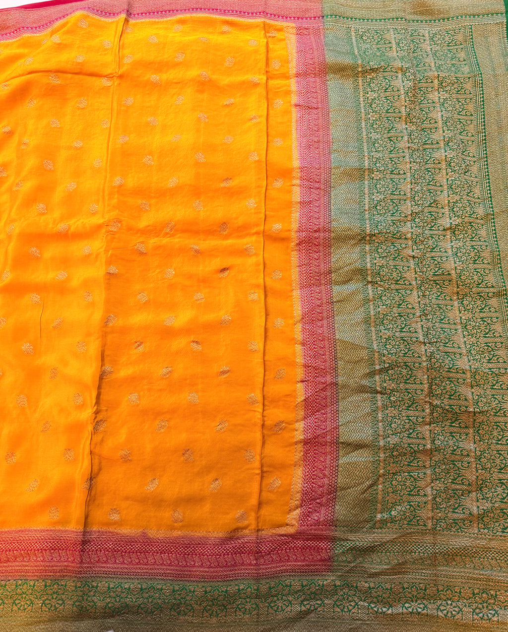 Mustard yellow 3D pure benarasi crepe silk saree