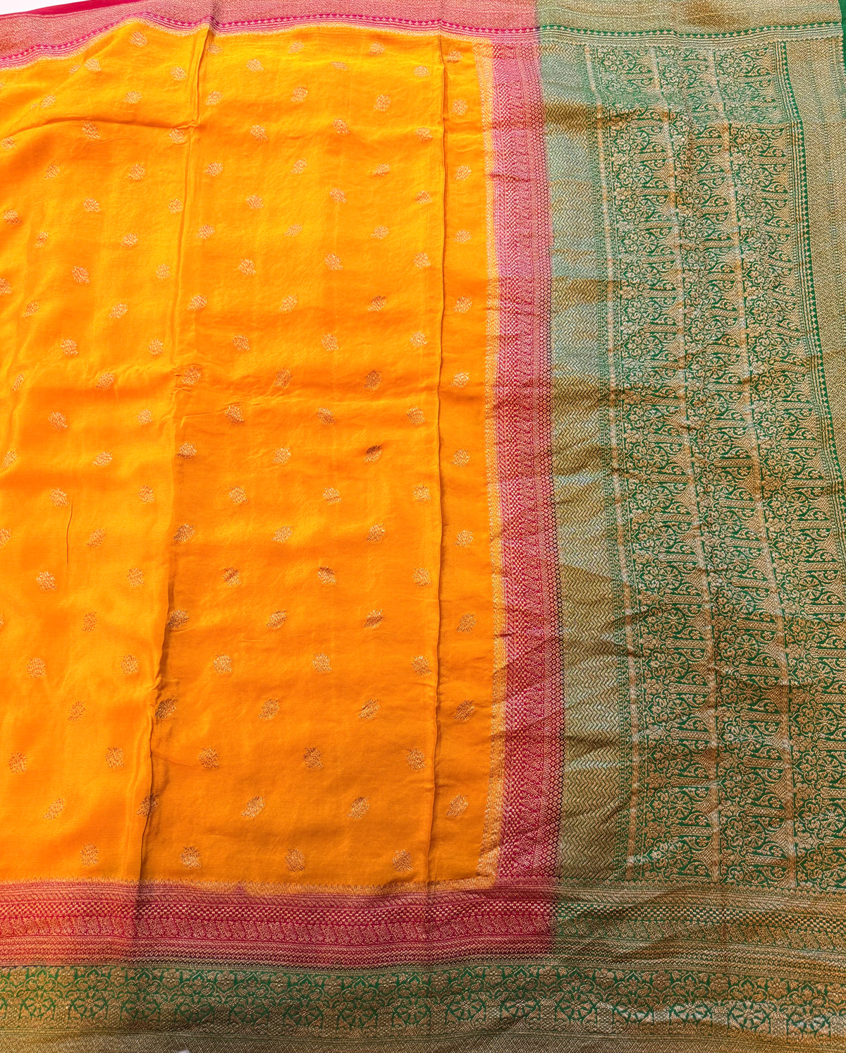 Mustard yellow 3D pure benarasi crepe silk saree