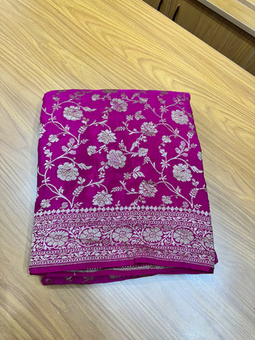 Rani pink pure crepe Banaras jaal pattern saree