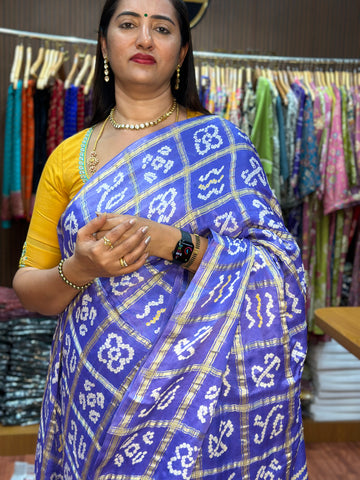 Lavender pure gajji silk sarees silk mark certified Ajrak bandini prints
