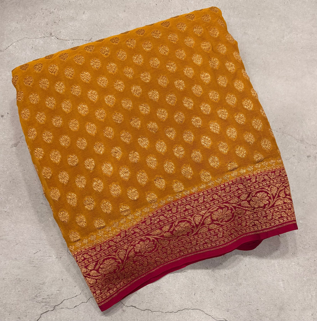 Mustard yellow small butta pure Banarasi khaddi georgette saree