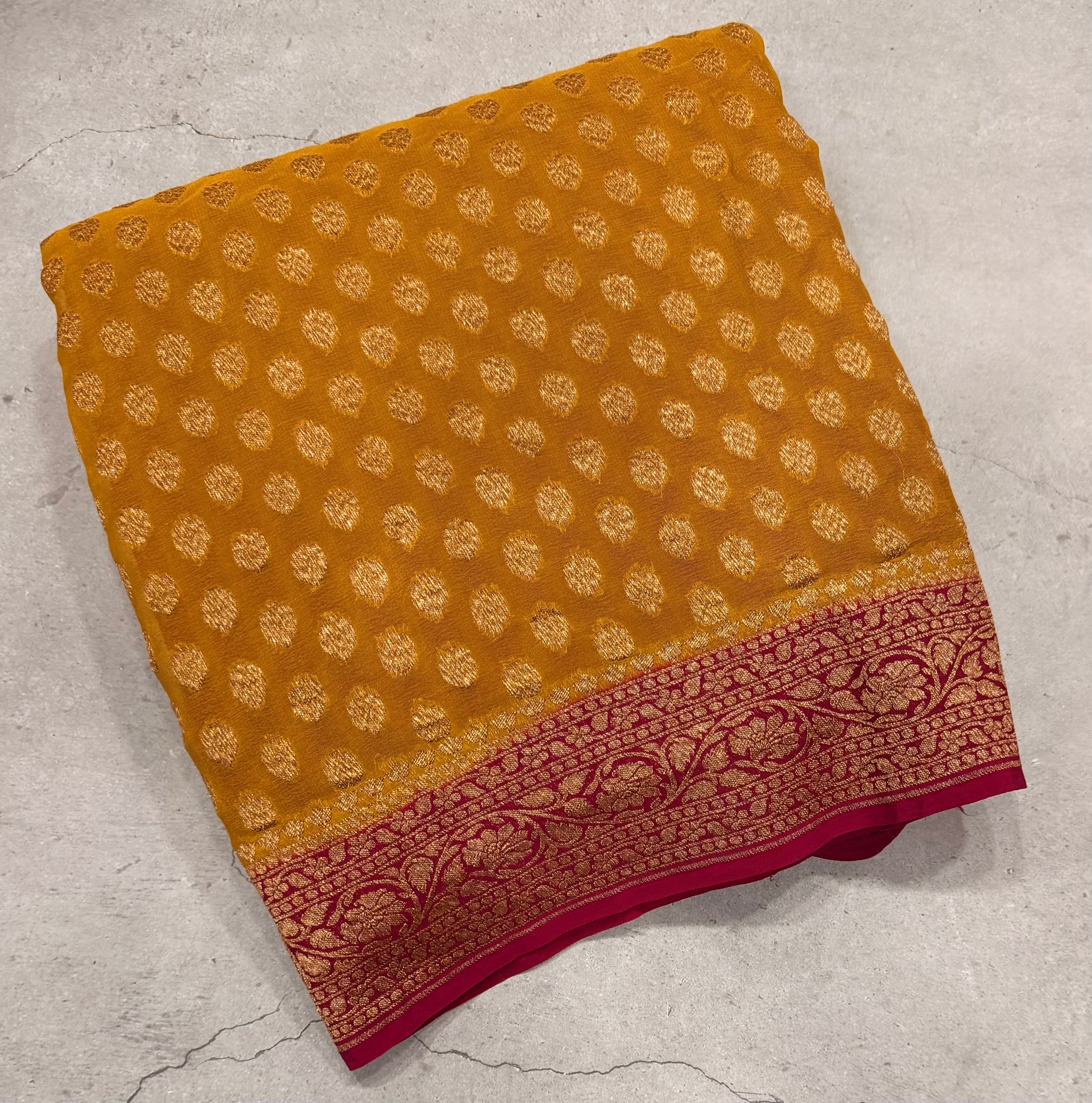 Mustard yellow small butta pure Banarasi khaddi georgette saree