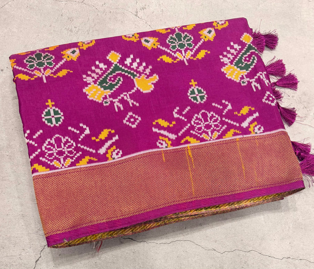 Magenta small border tusser Paithani saree
