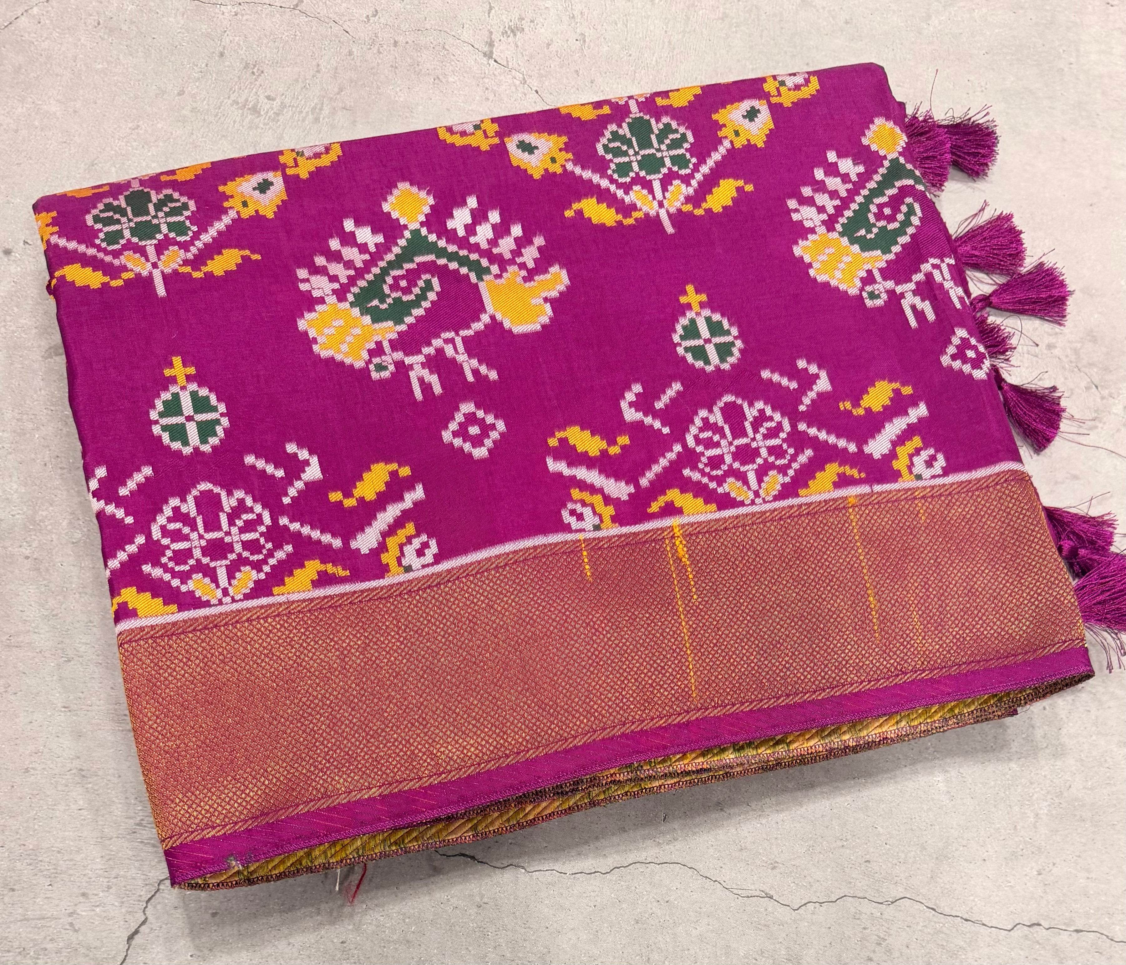 Magenta small border tusser Paithani saree