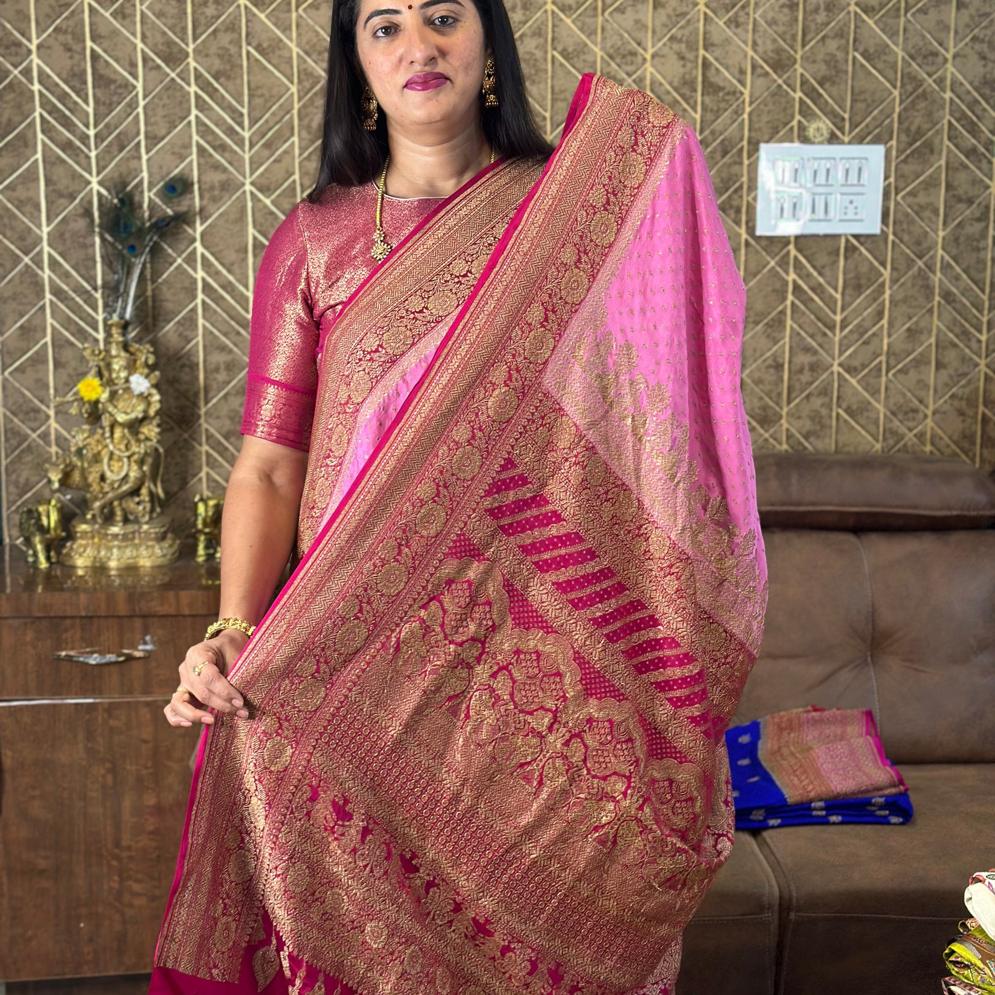 Baby pink and Rani pink pure crepe Banaras silk sarees.