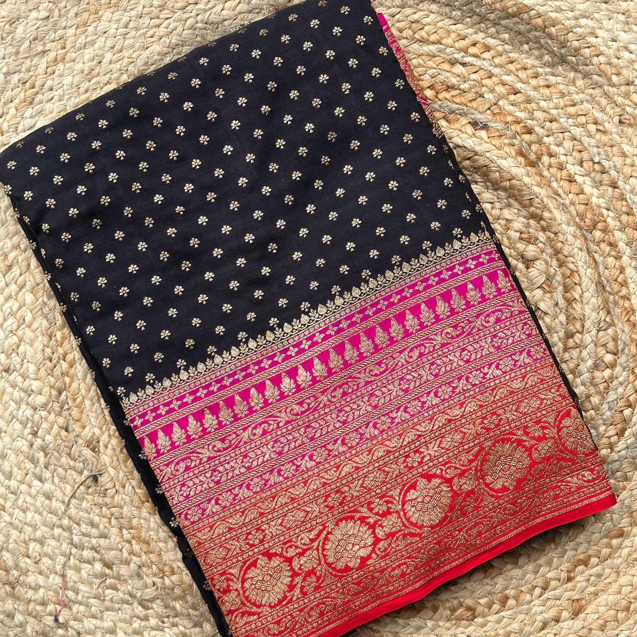 Black and red and pink 3D pure crepe Banaras sarees