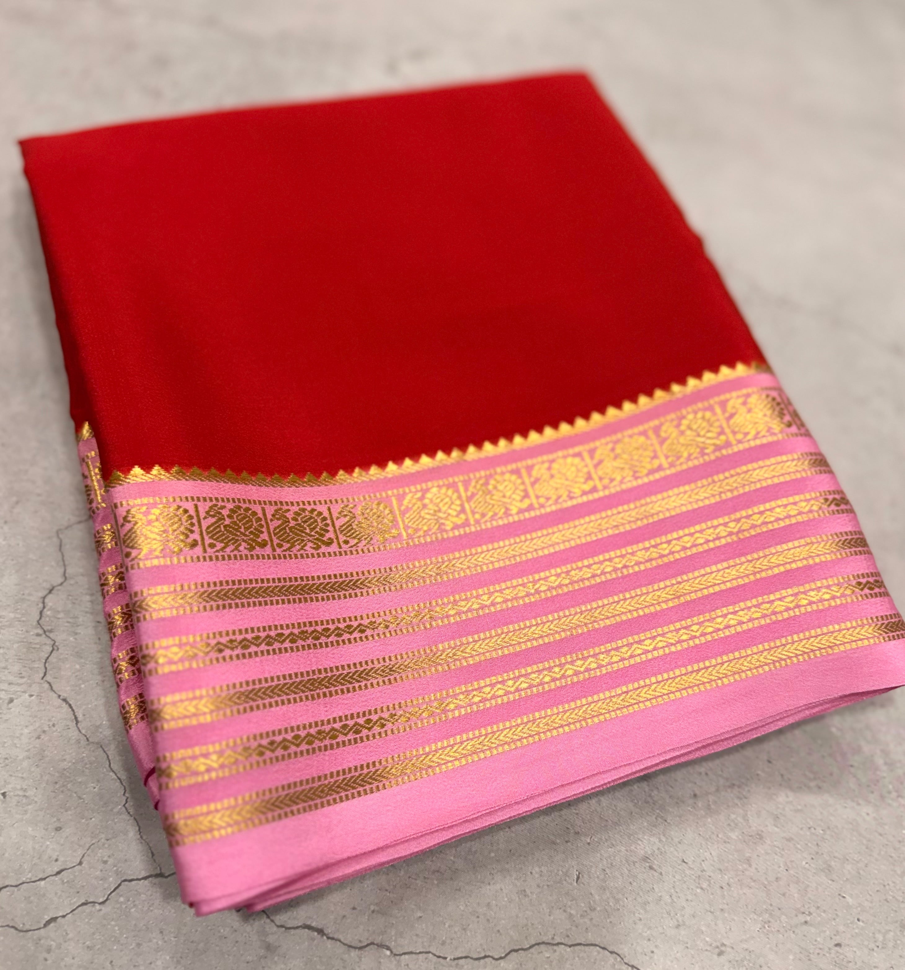Red stripes border pure Mysore silk crepe saree