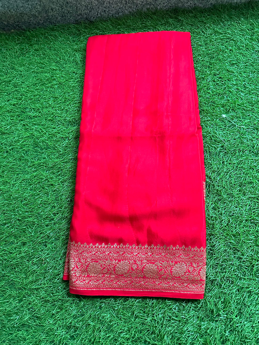 Hot red pure crepe Banaras plain with brocade blouse.