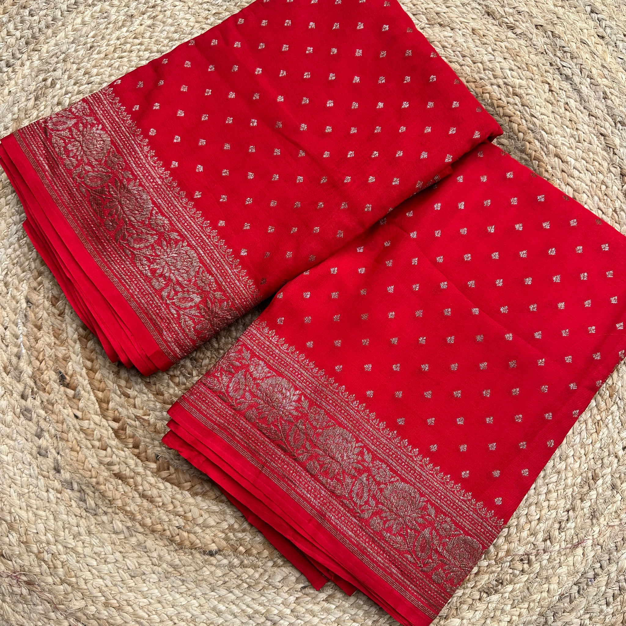 Hot red pure crepe chiffon Banarasi sarees