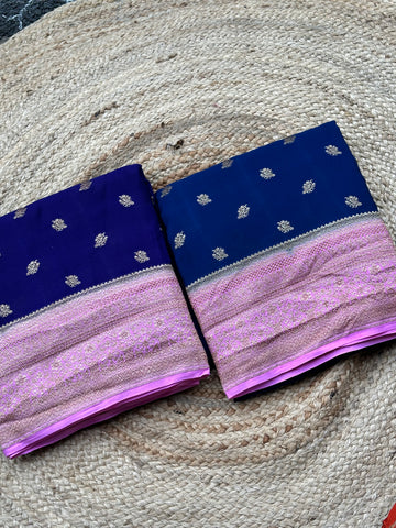 Deep blue with baby pink pure crepe Banaras sarees