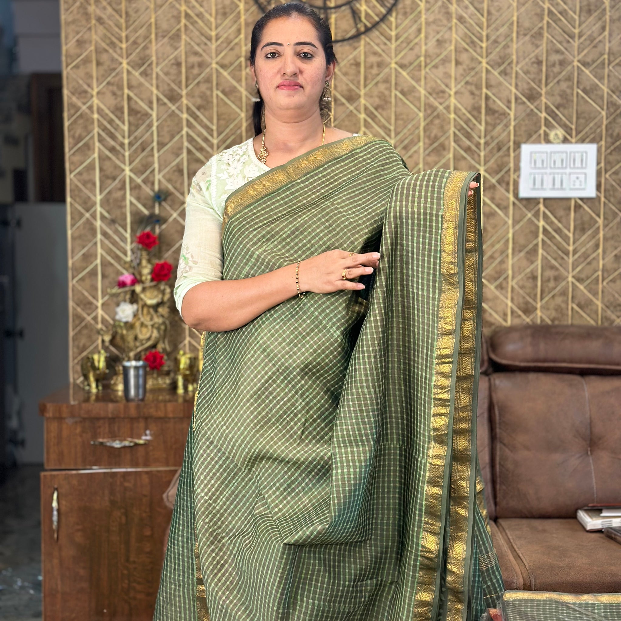 Green checks pattern, Maheshwari silk.