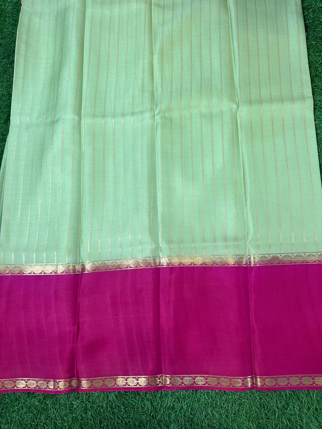 Pista green with mejentha pink pure wrinkle crepe with vertical stripes blouse.