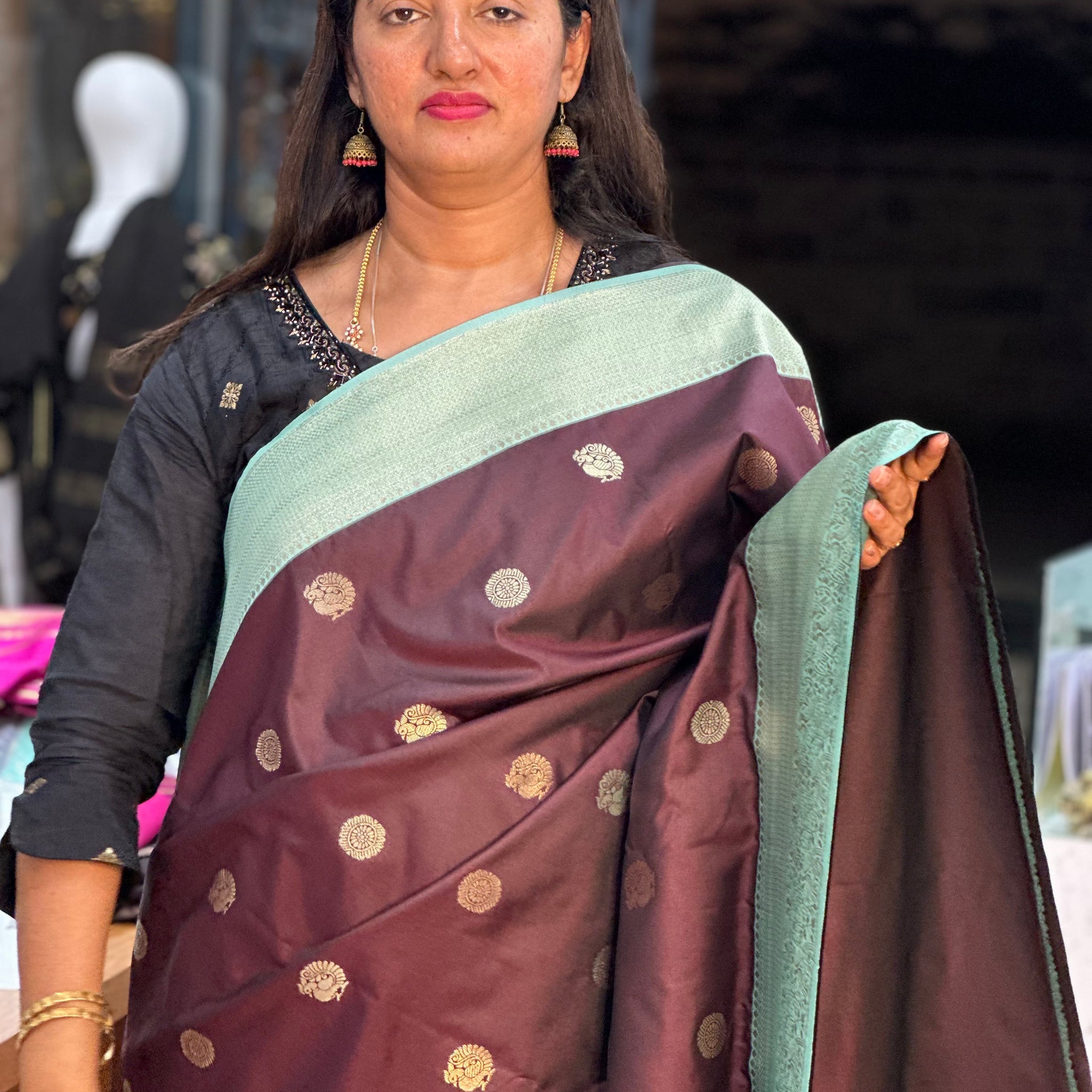 Coffee brown and Rama blue semi Kanchi