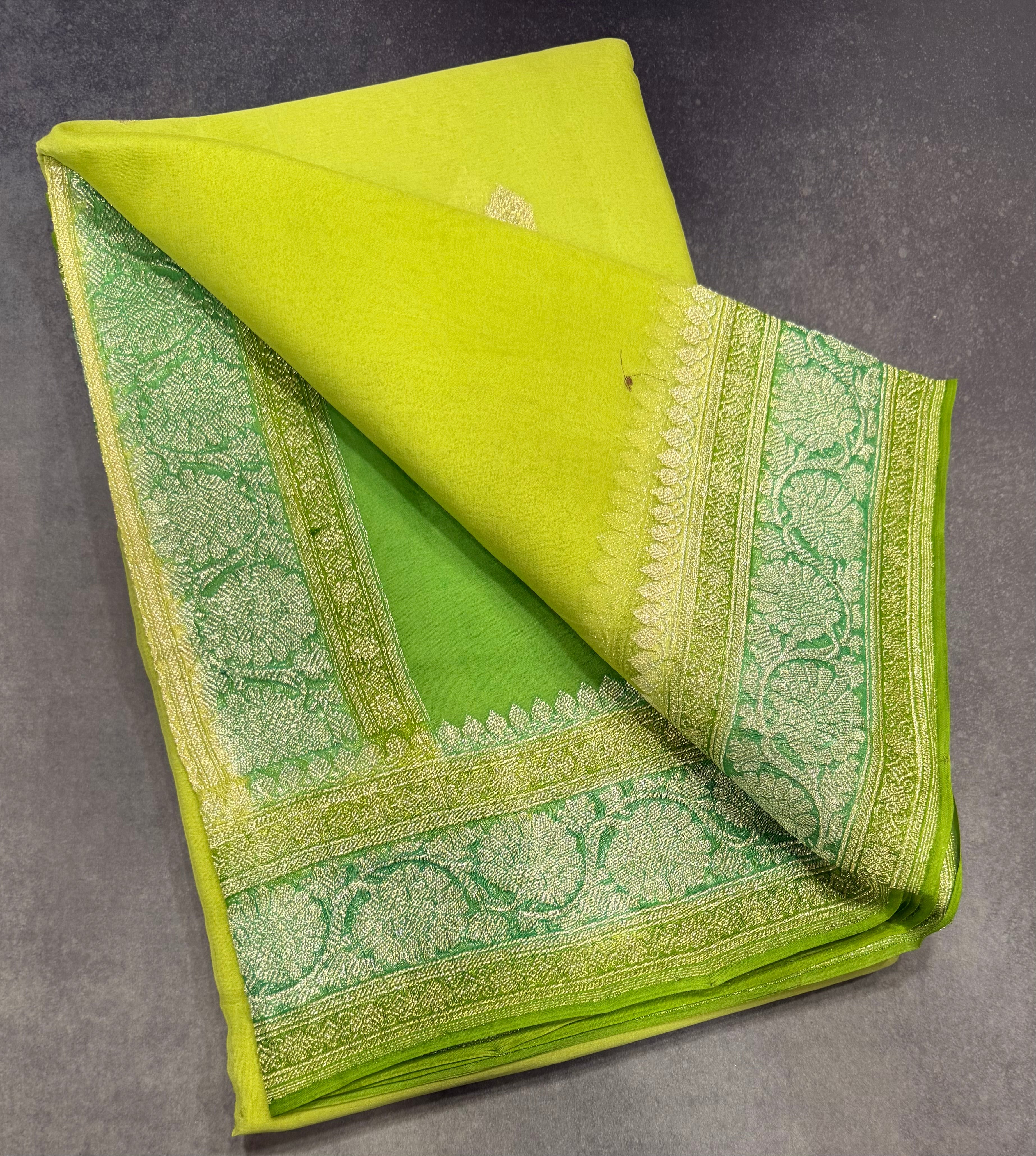 Pastel green 3D Banarasi pure khadi chiffon saree sliver zari saree