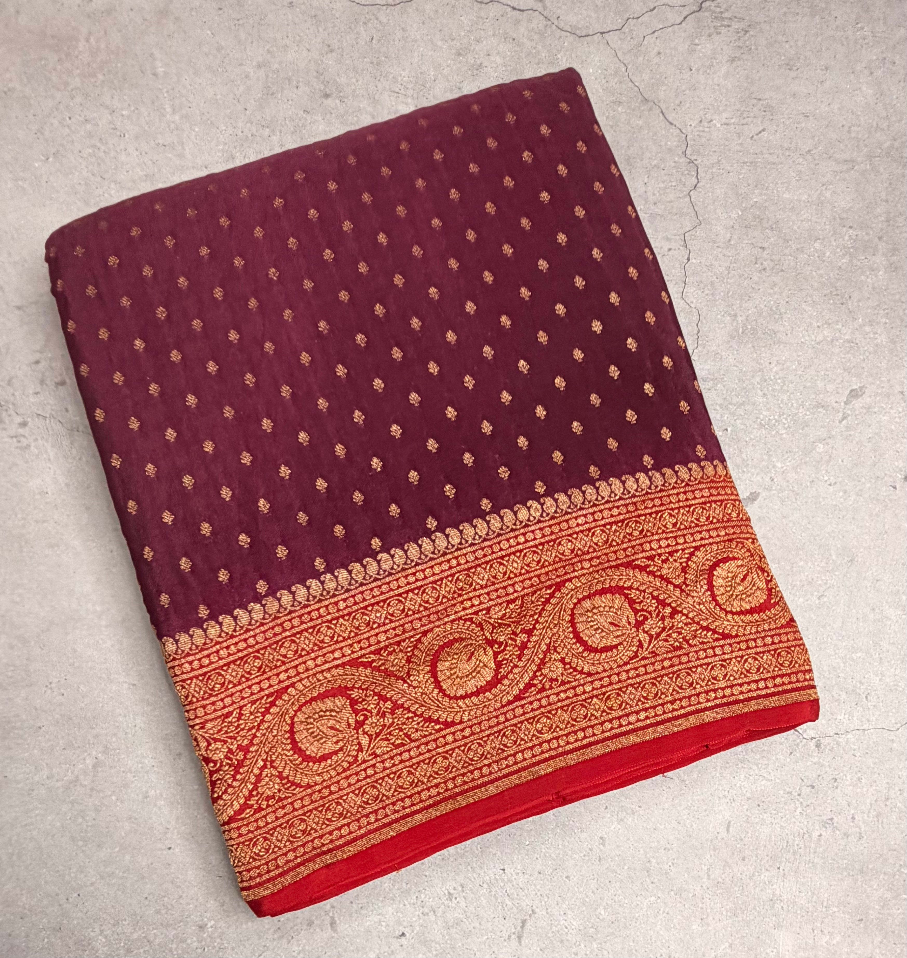 Wine n red pure benarasi crepe silk saree