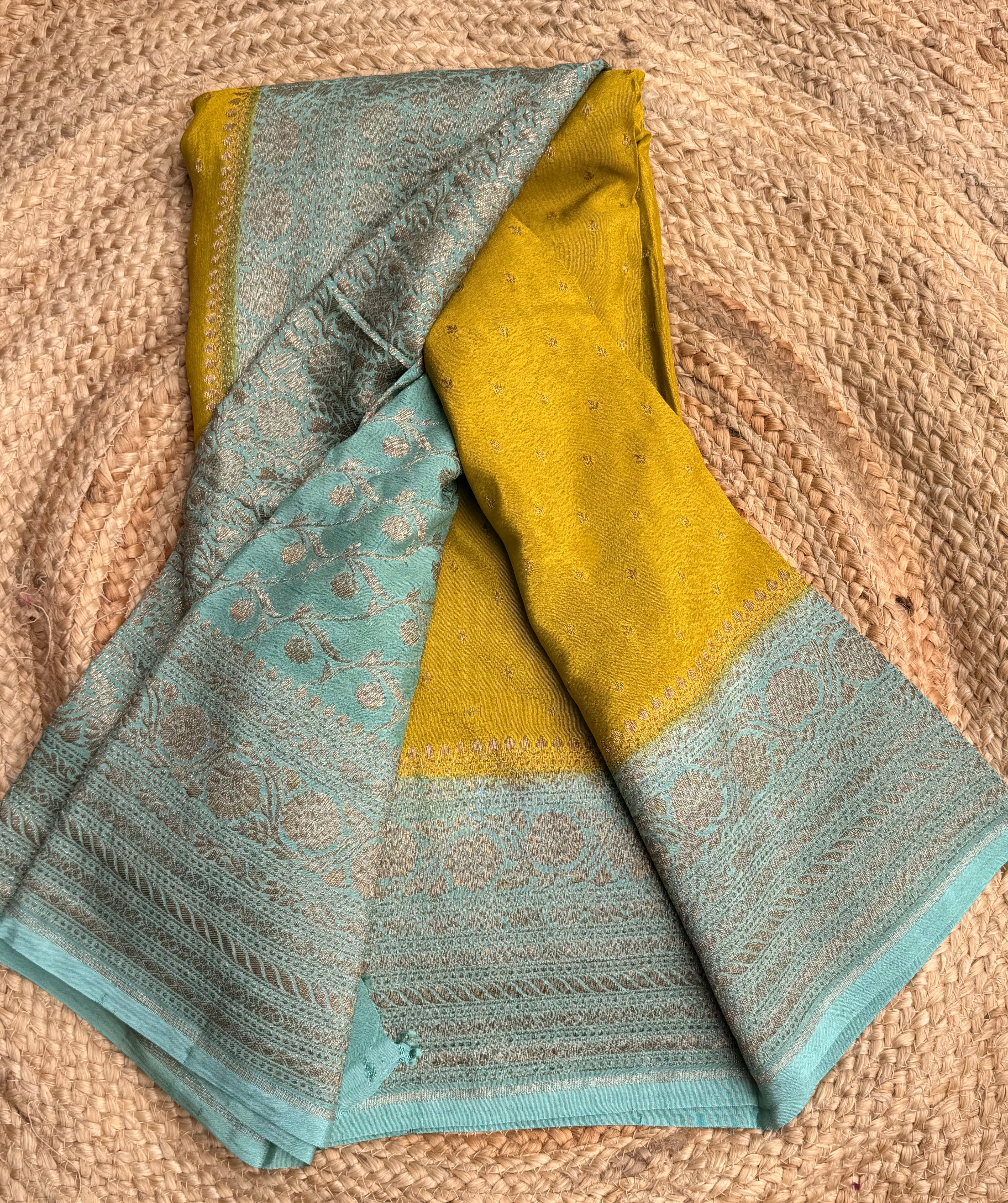 Mehendi green n sea green small butta benarasi crepe saree