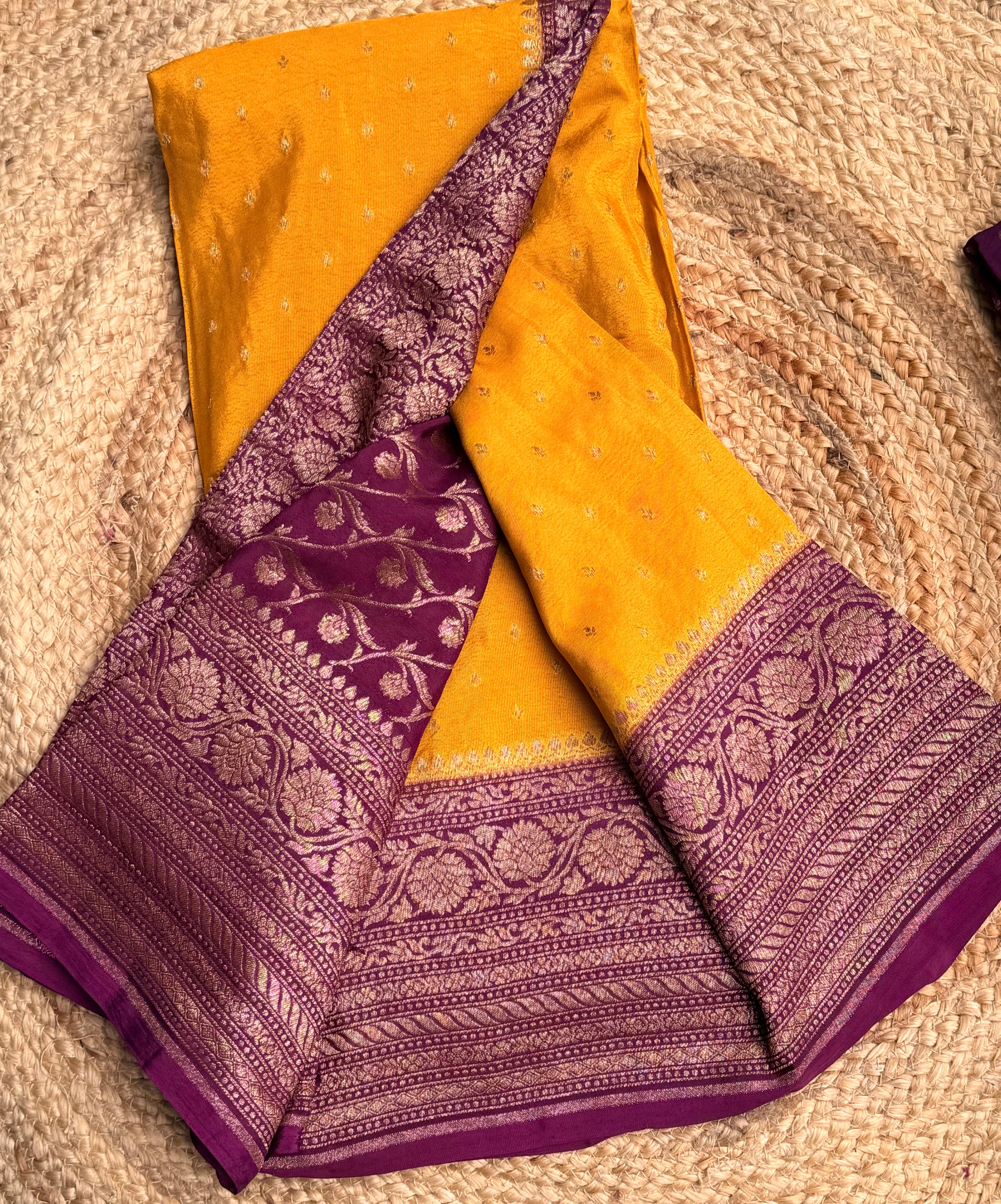 Yellow n magenta small butta benarasi crepe saree