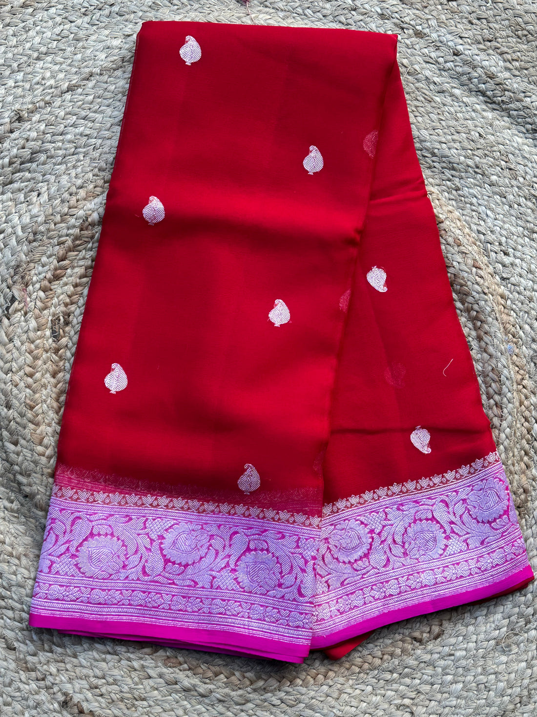 Red and pink pure khaddi chiffon sarees silver zari woven