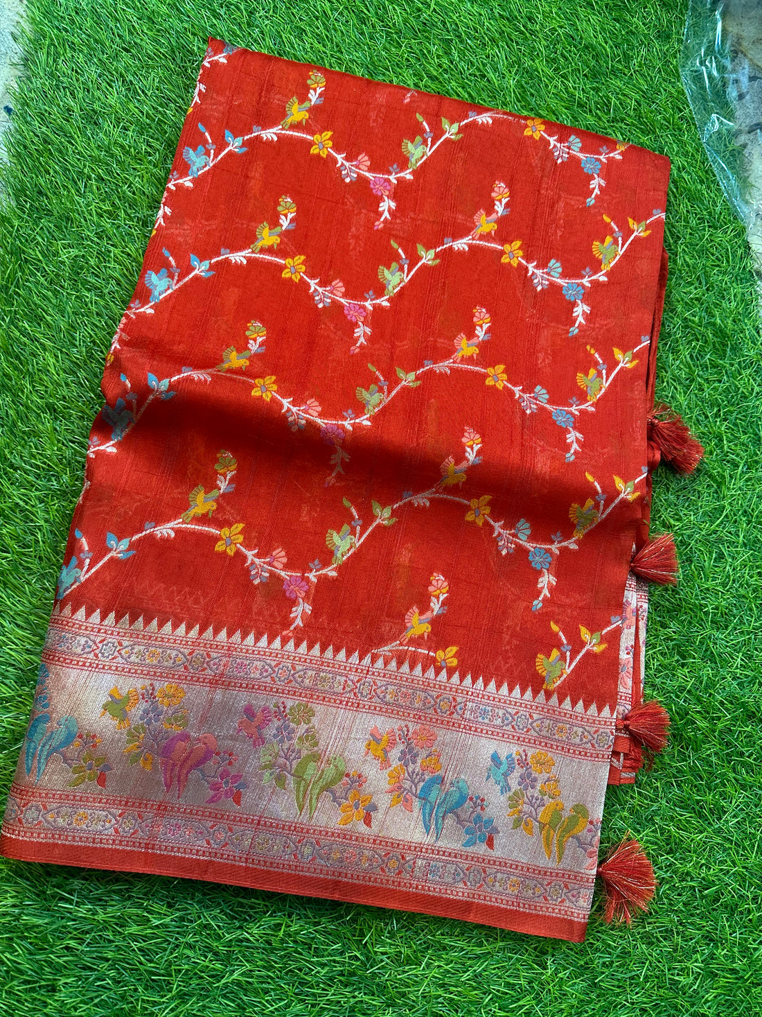 Red tusser with Paithani border.