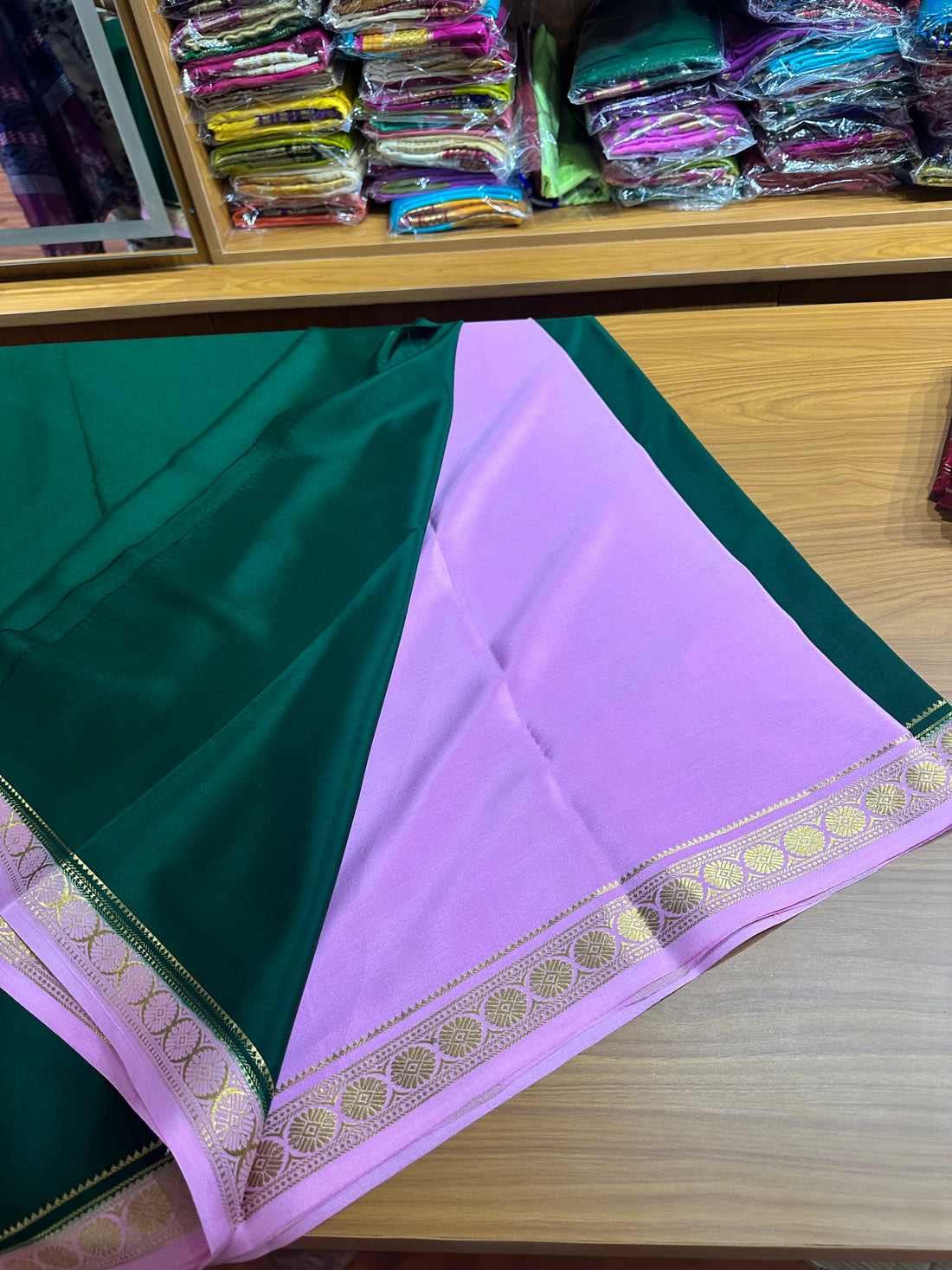 Green with baby pink pure crepe Mysore Silk sarees