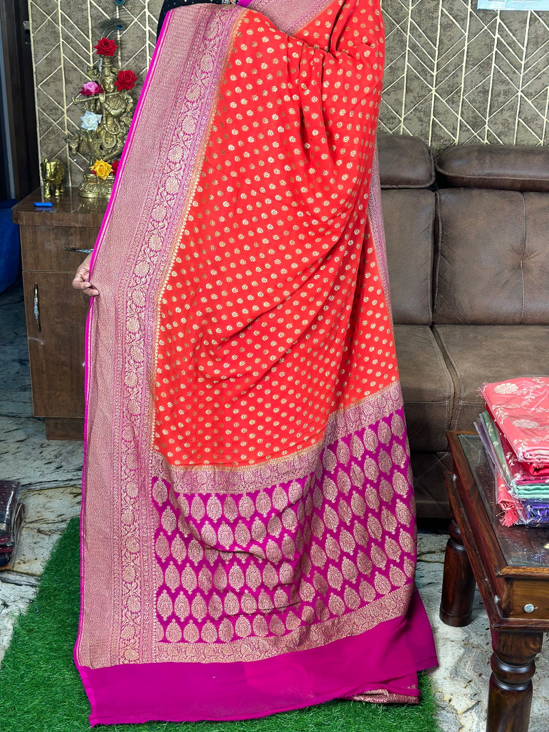 Orange and pink pure khaddi Georgette sarees.