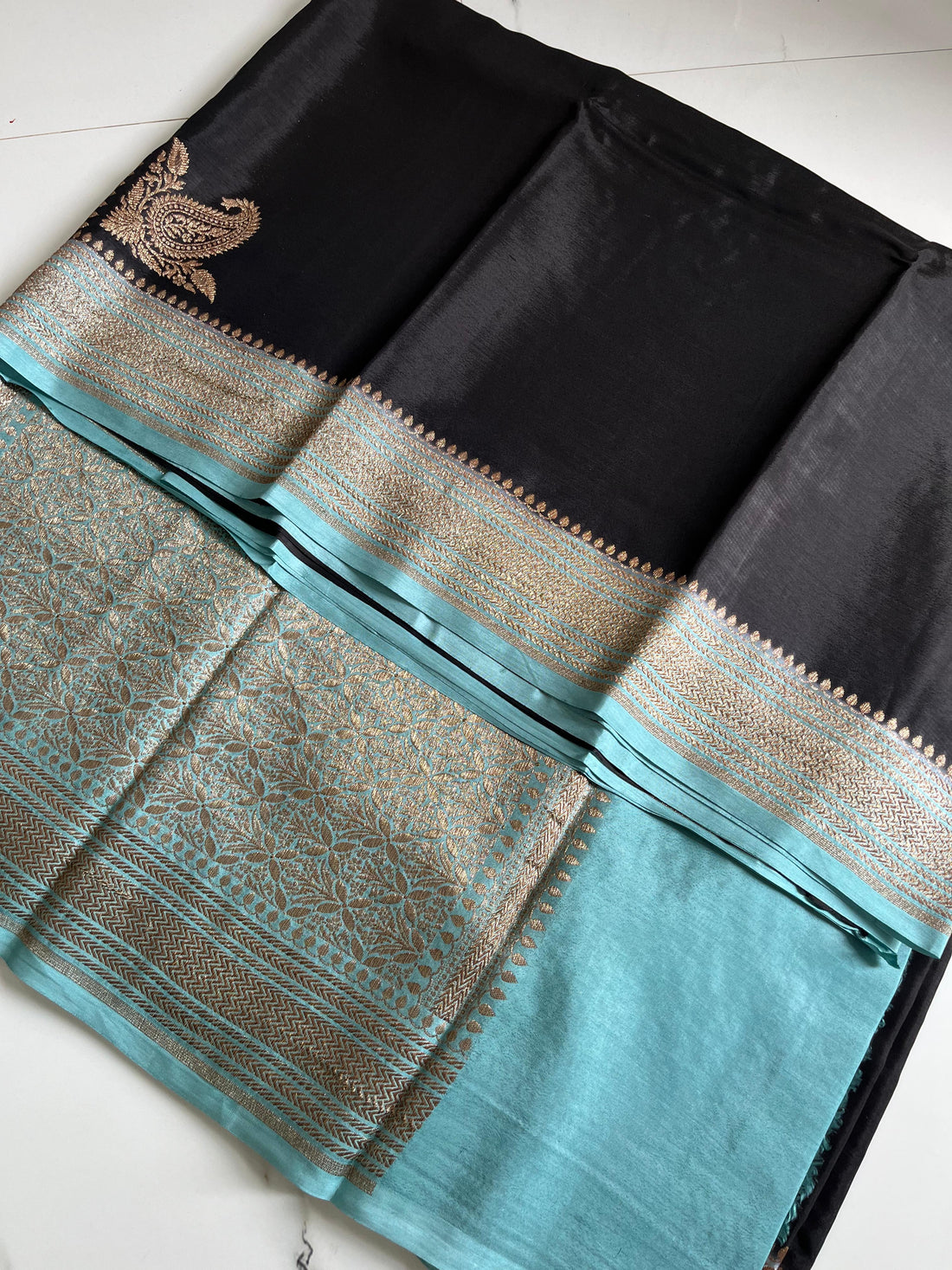 Black and sky blue crepe chiffons Banaras